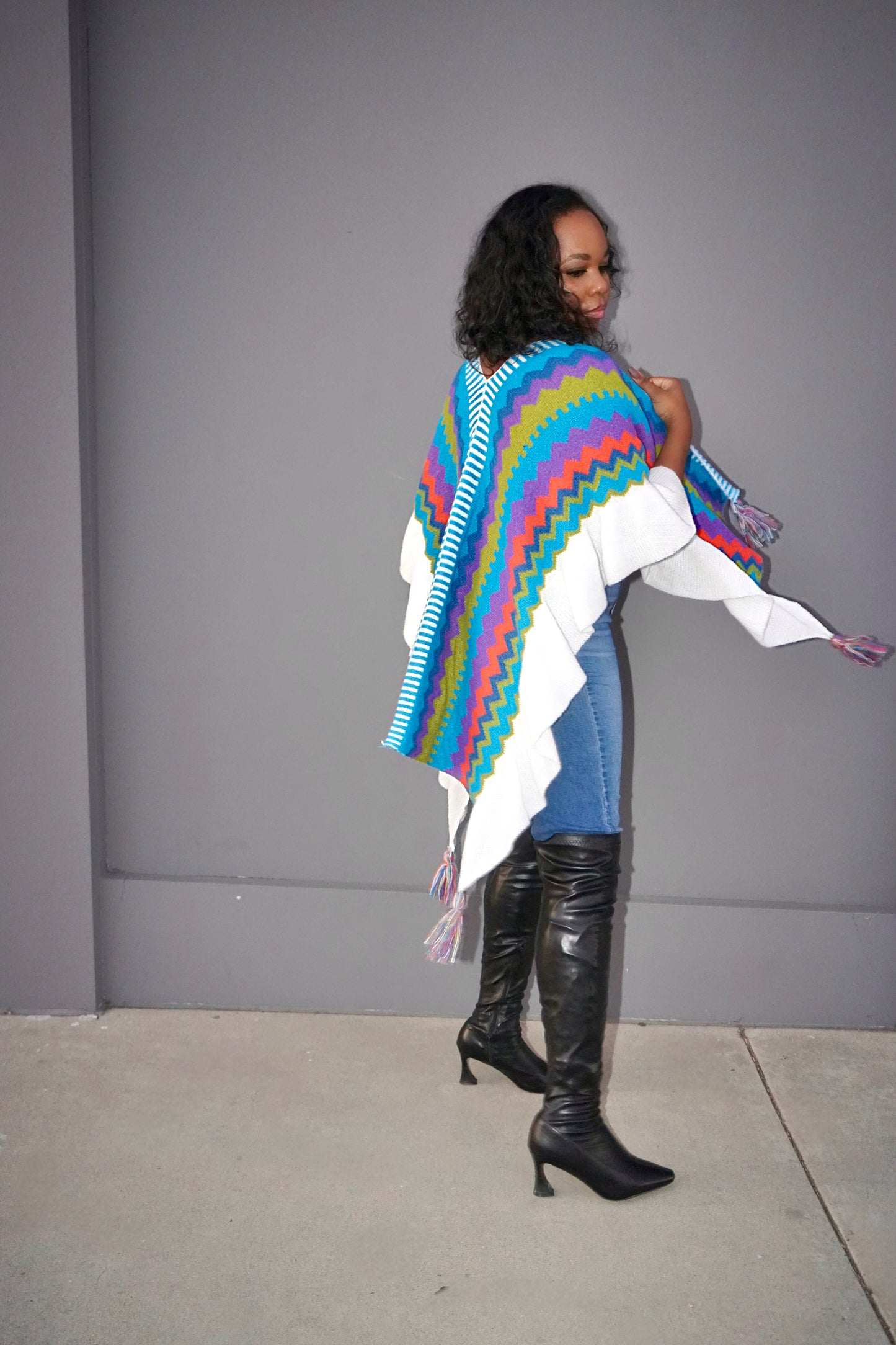 Poca | Geo Print Poncho with tassel